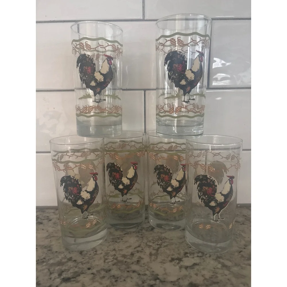 Vintage Rooster Farmhouse Juice Glasses Set of 6 Country Kitchen Tumblers